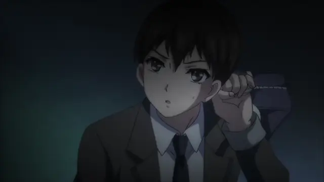 A startled male anime student in a school uniform looks over his shoulder with a shocked expression while holding a backpack strap in a dark room. Screenshot from Kagirohi Shaku Kei - Another 1