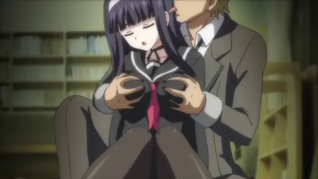 A male student in a school uniform stands behind a seated female student in a library, whispering into her ear while she holds her own shirt open with both hands. Screenshot from Kagirohi Shaku Kei - Another 1