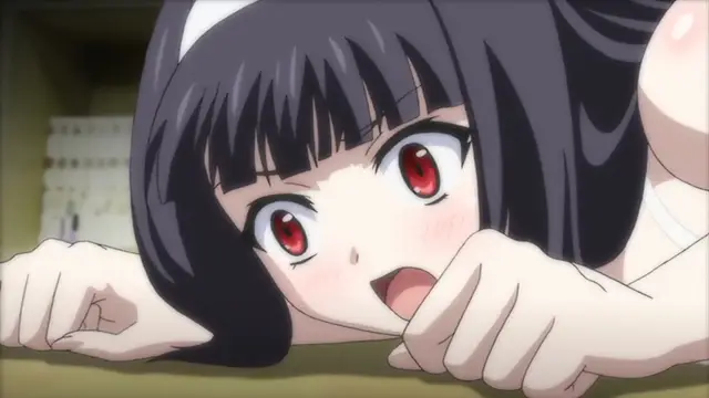 A close-up anime shot features a black-haired girl with red eyes and a surprised expression, leaning her chin on a desk with her hands clenched into fists. Screenshot from Kagirohi Shaku Kei - Another 1
