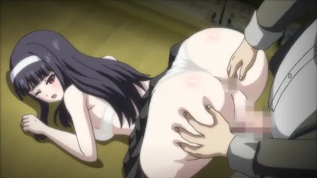 A dark-haired anime girl with a white headband lies on the floor on all fours while a man in a suit stands over her, grabbing her large breasts from behind. Screenshot from Kagirohi Shaku Kei - Another 1