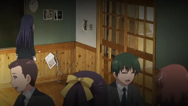 A group of high school students in uniforms look on with various expressions as a girl with long dark hair stands with her back turned in a classroom. Screenshot from Kagirohi Shaku Kei – Another 2