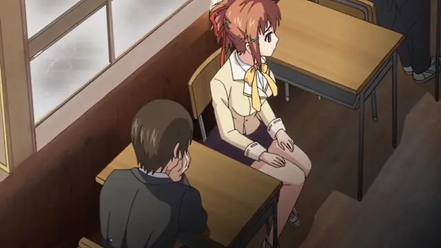 A girl with red hair and a school uniform sits on a desk in a classroom, looking surprised as she faces a boy sitting at a desk in front of her. Screenshot from Kagirohi Shaku Kei – Another 2