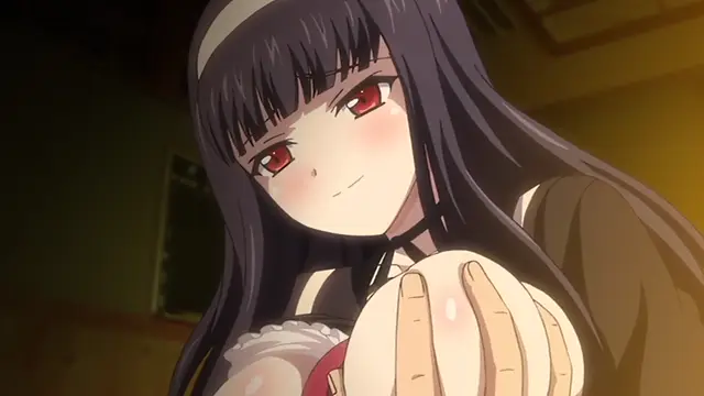 A blushing anime girl with long dark hair and red eyes looks down with a slight smile while holding a large, erect male penis. Screenshot from Kagirohi Shaku Kei – Another 2