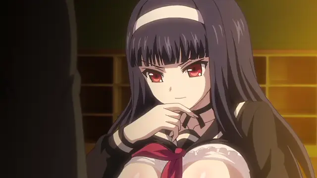 A long-haired anime girl with red eyes and a white headband wears a low-cut school uniform and looks forward with a seductive expression while resting her chin on her hand. Screenshot from Kagirohi Shaku Kei – Another 2