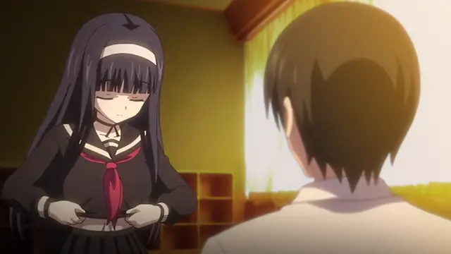 A girl with long black hair and a school uniform looks down bashfully at a boy while holding her skirt up to reveal her panties. Screenshot from Kagirohi Shaku Kei – Another 2
