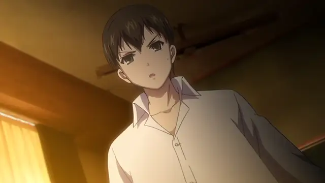 A shocked anime man with dark hair and large eyes looks on while wearing a white collared shirt in a dimly lit room. Screenshot from Kagirohi Shaku Kei – Another 2
