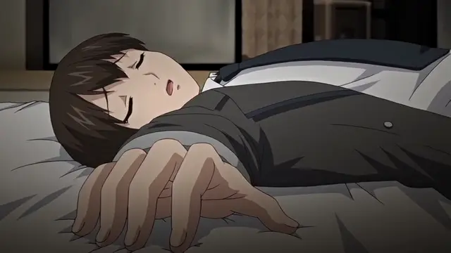 A close-up shot of a schoolboy lying unconscious on a bed with his eyes closed and mouth slightly open, his hands resting limp on the sheets in front of him. Screenshot from Kagirohi Shaku Kei – Another 3