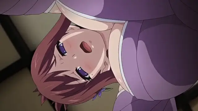 An anime girl with short reddish-brown hair and large purple eyes lays on her back with her mouth open and a flushed face, wearing a purple kimono with white lining. Screenshot from Kagirohi Shaku Kei – Another 3