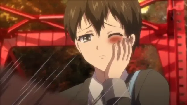 An anime girl with brown hair and a school uniform looks embarrassed and flustered with a heavy blush on her cheek while covering her face with one hand in front of a red torii gate. Screenshot from Kagirohi Shaku Kei – Another 3