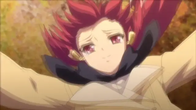 A close-up shot of a red-haired anime girl with large red eyes and gold earrings looking upwards with a blank expression. Screenshot from Kagirohi Shaku Kei – Another 3