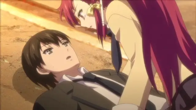 In this anime scene, a woman with long red hair and a school uniform leans over a brown-haired male student lying on the ground, while the character on the ground looks up with a dazed expression. Screenshot from Kagirohi Shaku Kei – Another 3