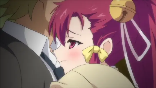 A close-up shot shows a blushing girl with long red hair and a gold hair ornament looking up shyly at a man in a suit who is leaning in close to her face. Screenshot from Kagirohi Shaku Kei – Another 4