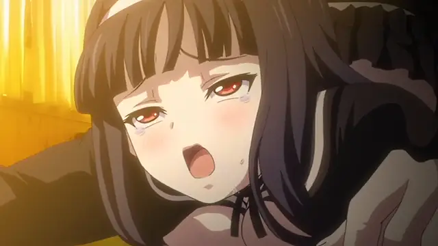 A girl with long dark hair and a ruffled headband looks up with teary eyes and an open mouth, blushing as if she is experiencing pleasure or distress. Screenshot from Kagirohi Shaku Kei – Another 4
