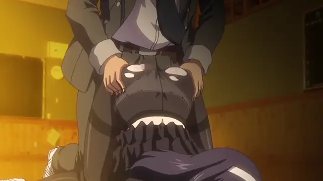 A girl with a mask on her face is being bent over and gripped from behind by a person in a school uniform in a classroom. Screenshot from Kagirohi Shaku Kei – Another 4