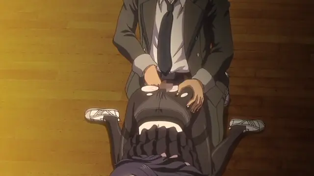 A man in a suit sits on a woman who is tied down in a chair, pinning her head back while she has an open-mouthed, distressed expression. Screenshot from Kagirohi Shaku Kei – Another 4
