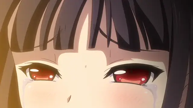 A close-up of a tearful anime girl with long black hair and red eyes, looking distressed or overwhelmed. Screenshot from Kagirohi Shaku Kei – Another 4