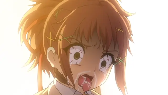 An anime girl with messy orange hair and wide, teary eyes looks shocked or overwhelmed, with her mouth open and a small amount of saliva visible, featuring yellow "X" marks scattered around her head. Screenshot from Kagirohi Shaku Kei – Another 4
