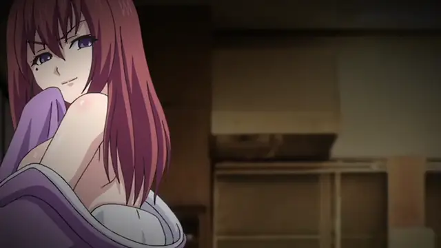 A close-up anime shot shows a girl with long reddish-brown hair and a smirk on her face as she sits in a kimono, partially revealing her bare breasts. Screenshot from Kagirohi Shaku Kei – Another 4