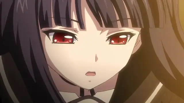An anime girl with straight dark hair and red eyes looks forward with a neutral expression while standing close to another character. Screenshot from Kagirohi Shaku Kei – Another 4