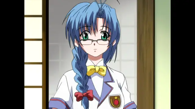 A blue-haired girl with glasses and a school uniform stands in a doorway looking surprised. Screenshot from Nee Chanto Shiyou Yo! - Episode 1