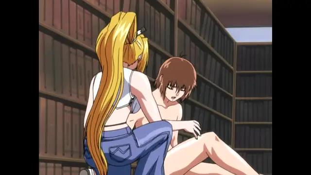 A blonde woman in a white tank top and blue jeans sits in a library, having sex with a brown-haired man who is positioned between her legs on a chair. Screenshot from Nee Chanto Shiyou Yo! - Episode 1