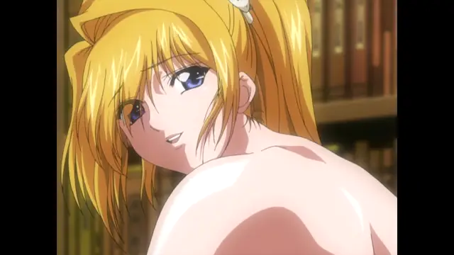 A blonde woman with blue eyes and a white hair tie smiles while topless, looking back over her shoulder in a library. Screenshot from Nee Chanto Shiyou Yo! - Episode 1