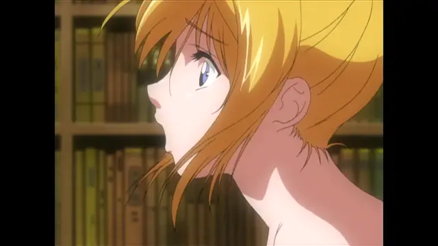 A close-up shot of a blonde anime girl with wide blue eyes and an open mouth looking to the left against a background of a bookshelf. Screenshot from Nee Chanto Shiyou Yo! - Episode 1