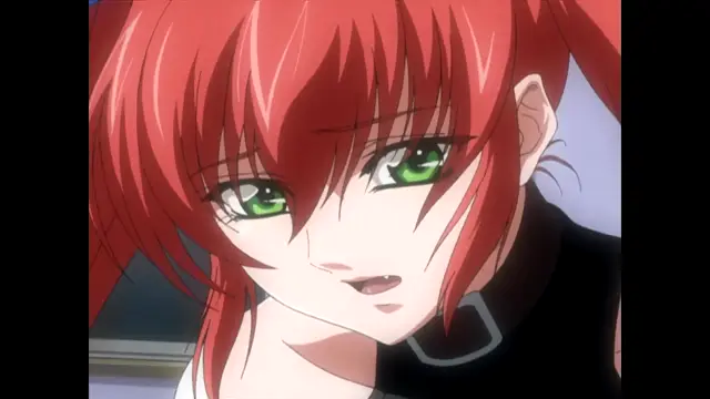 A close-up shot of an anime girl with long red hair and green eyes wearing a black collar with a silver buckle, looking toward the viewer with a seductive expression. Screenshot from Nee Chanto Shiyou Yo! - Episode 1
