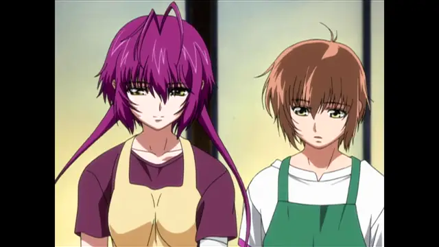 A purple-haired woman in a yellow apron stands next to a brown-haired man in a green apron with a serious expression. Screenshot from Nee Chanto Shiyou Yo! - Episode 1