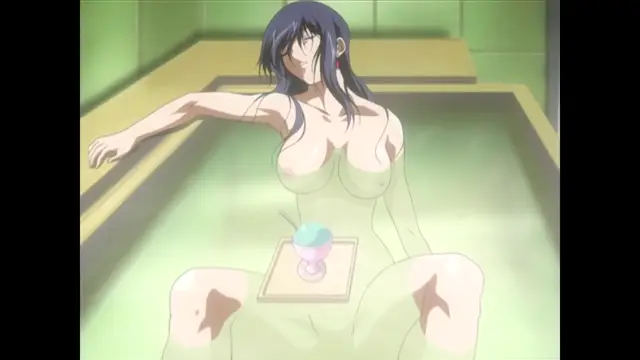 An anime woman with long dark hair sits in a hot tub with a drink, her breasts exposed and her eyes closed in a state of pleasure. Screenshot from Nee Chanto Shiyou Yo! - Episode 1