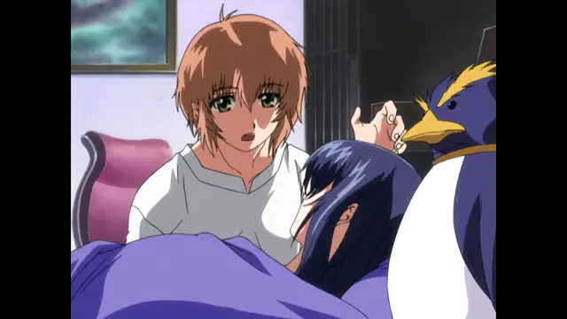 A shocked-looking woman with short brown hair watches as a dark-haired woman lies in bed, while a blue penguin with a gold collar stands nearby. Screenshot from Nee Chanto Shiyou Yo! - Episode 1