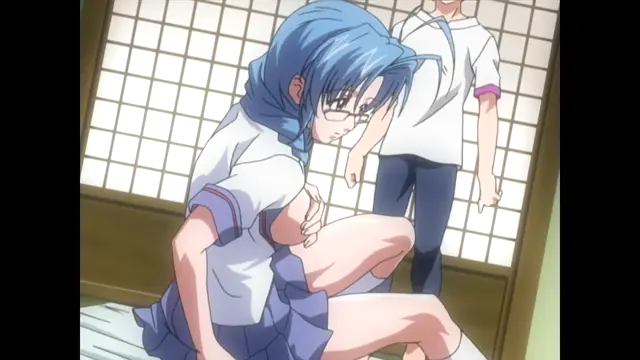 A blue-haired anime girl with glasses sits on a futon in a traditional room, looking down at her lap with a blush while a male student stands behind her. Screenshot from Nee Chanto Shiyou Yo! - Episode 1