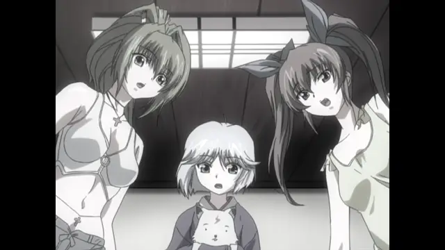 In a monochrome anime scene, two older girls with long hair and bows lean in closely from both sides to surprise a smaller girl wearing a hoodie with a cat on it. Screenshot from Nee Chanto Shiyou Yo! - Episode 1