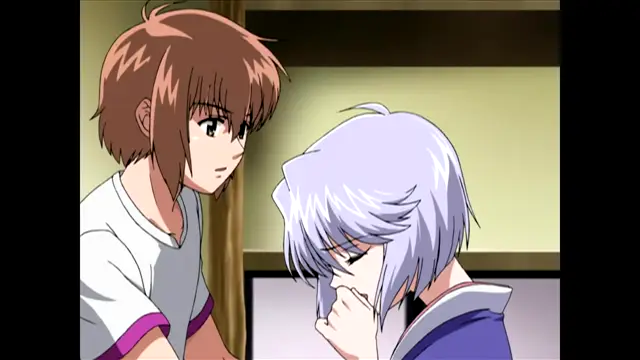 A brown-haired anime girl in a white t-shirt stands next to a white-haired girl who is crying and covering her mouth with her hand. Screenshot from Nee Chanto Shiyou Yo! - Episode 2