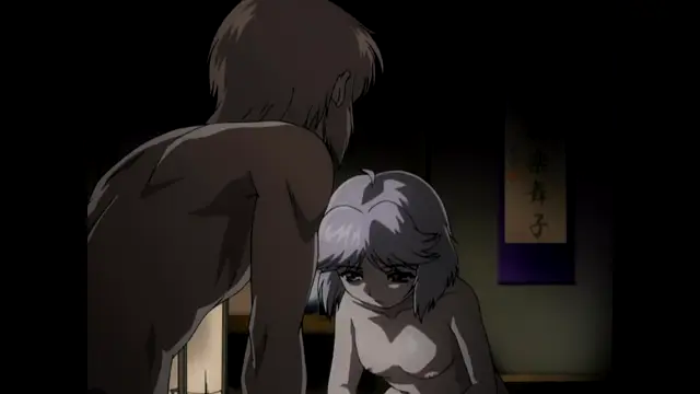 A muscular man stands over a nude woman who is kneeling on the floor in a dimly lit room with a Japanese scroll on the wall. Screenshot from Nee Chanto Shiyou Yo! - Episode 2
