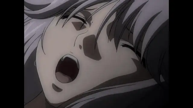 A close-up shot of a grey-haired anime girl with her eyes closed and her mouth open in a moan. Screenshot from Nee Chanto Shiyou Yo! - Episode 2