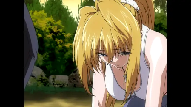 A close-up shot shows a blonde woman with a pouting expression and redder-than-usual eyes looking down at the ground in a forest setting. Screenshot from Nee Chanto Shiyou Yo! - Episode 2