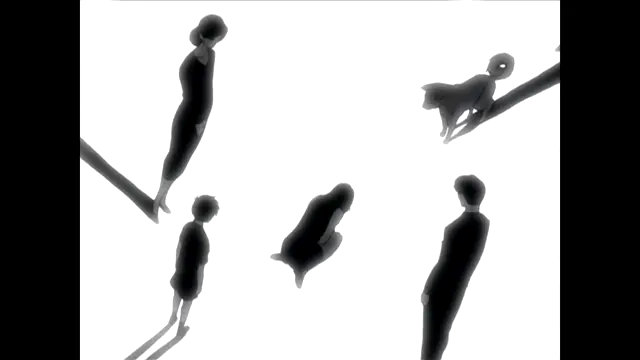 A black and white silhouette of a woman standing on one side of a diagonal bar while a man is on the other side, with a small child and another person in the background. Screenshot from Nee Chanto Shiyou Yo! - Episode 2