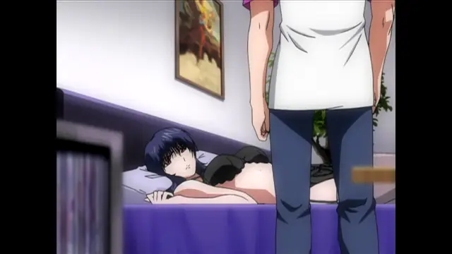 A woman with blue hair lies on a purple bed wearing only black underwear while looking up at a man standing in a white shirt and blue pants. Screenshot from Nee Chanto Shiyou Yo! - Episode 2
