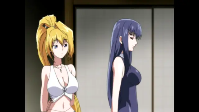 A blonde woman in a white bikini and a dark-haired woman in a black dress stand side-by-side in a room with sliding doors. Screenshot from Nee Chanto Shiyou Yo! - Episode 3