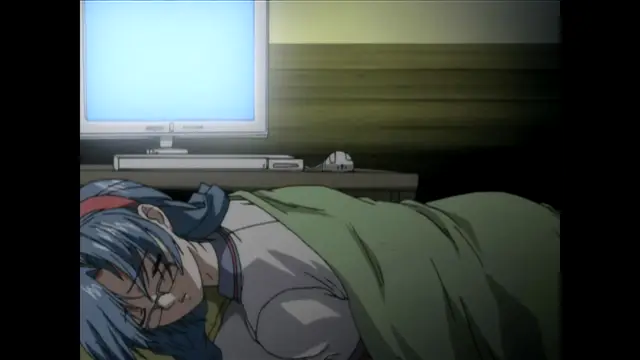 An anime girl with blue hair and glasses lies on a bed or floor in front of a lit television screen and a gaming console, covered by a green blanket. Screenshot from Nee Chanto Shiyou Yo! - Episode 3