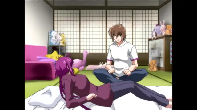 A brown-haired boy in a white shirt sits on the floor in a room filled with stuffed animals, looking down at a purple-haired girl who lies on a white sheet at his feet. Screenshot from Nee Chanto Shiyou Yo! - Episode 3