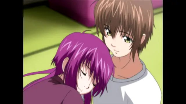 A purple-haired anime girl leans her head on a brown-haired anime man's shoulder, appearing tired or unconscious, while he looks toward the camera with a concerned expression. Screenshot from Nee Chanto Shiyou Yo! - Episode 3