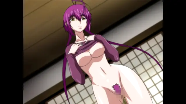 A purple-haired anime woman in a revealing outfit stands in a traditional Japanese room, revealing her large breasts and pubic hair. Screenshot from Nee Chanto Shiyou Yo! - Episode 3
