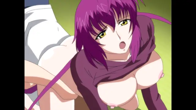 A purple-haired woman with large breasts wears an open hoodie and looks surprised as she is held from behind by a man in white pants. Screenshot from Nee Chanto Shiyou Yo! - Episode 3