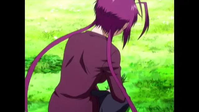 A purple-haired anime girl with long hair sits on the grass in a field, looking down with a sad expression. Screenshot from Nee Chanto Shiyou Yo! - Episode 4