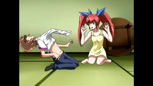 A red-haired girl in a yellow dress looks shocked and gestures with her hands while a man with brown hair falls backward onto the tatami mat. Screenshot from Nee Chanto Shiyou Yo! - Episode 4
