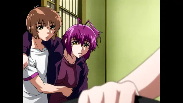 A brown-haired girl in a white shirt is held from behind by a man in a dark jacket, while a purple-haired girl stands next to them looking concerned, as a hand grips a handle in the foreground. Screenshot from Nee Chanto Shiyou Yo! - Episode 4