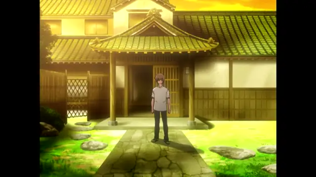 A young man with purple hair stands in the courtyard of a traditional Japanese estate at sunset. Screenshot from Nee Chanto Shiyou Yo! - Episode 4