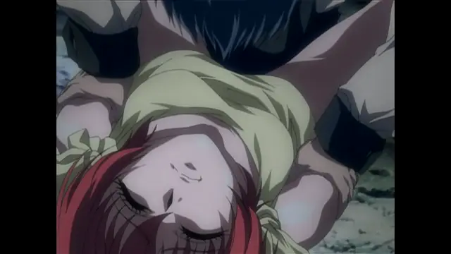 A red-haired girl with her eyes closed is lying on the ground while being penetrated from behind by a man with black hair. Screenshot from Nee Chanto Shiyou Yo! - Episode 4